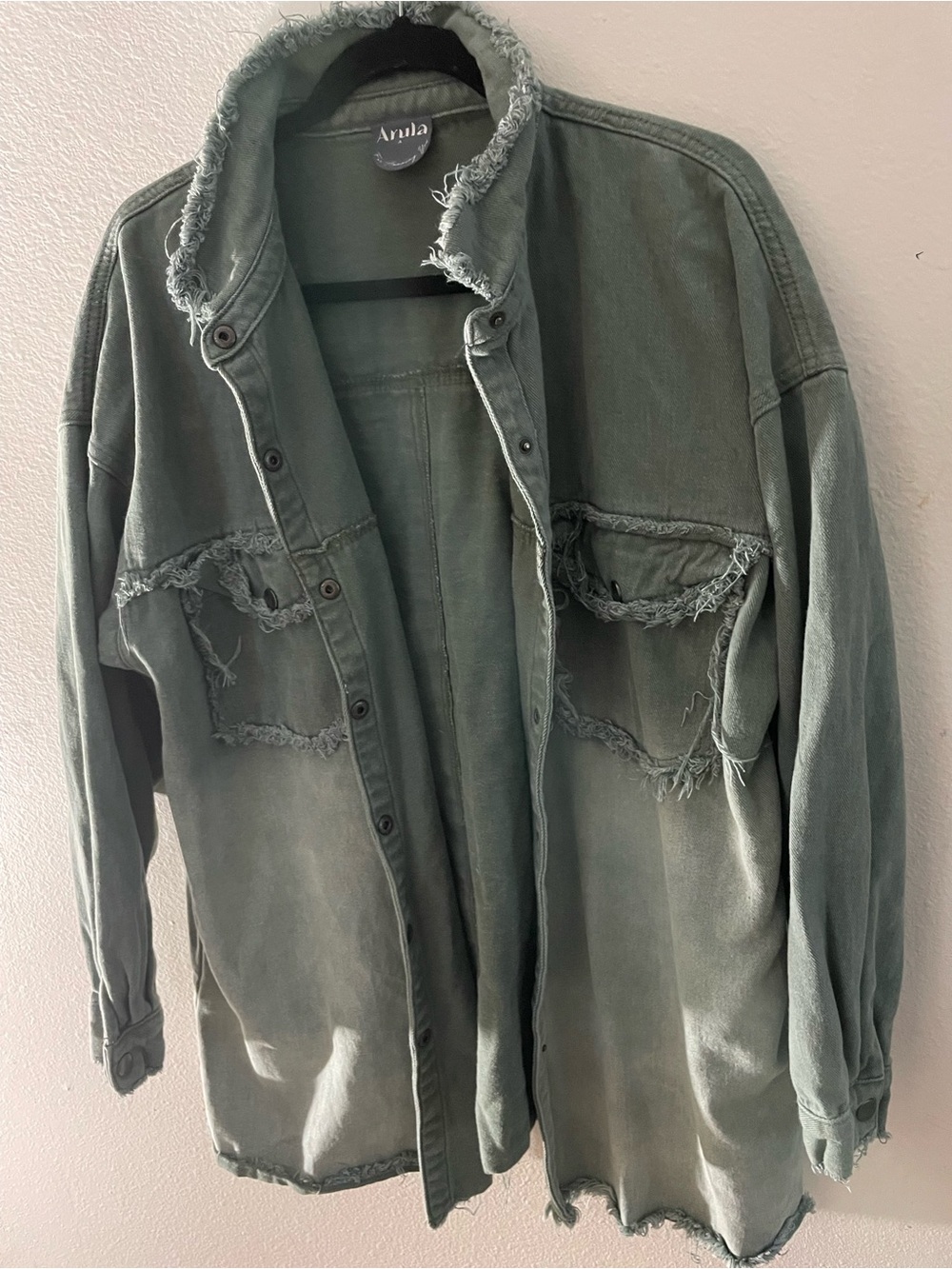 ARULA Olive Green Distressed Oversized Jean Jacket